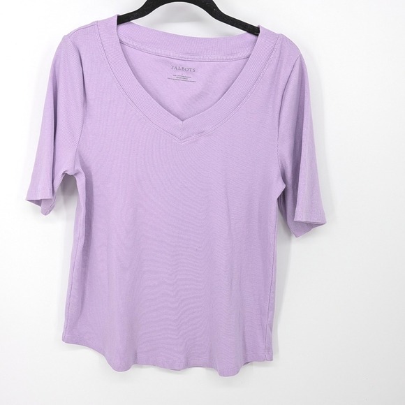 Talbots Tops - Talbots V-Neck Top Womens Large Purple Ribbed Short Sleeve Cotton Blend Stretch